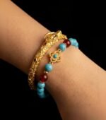 Blue Turquoise and Gold Four-Leaf Flower Bracelet - Image 3