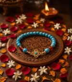 Blue Turquoise and Gold Four-Leaf Flower Bracelet - Image 4